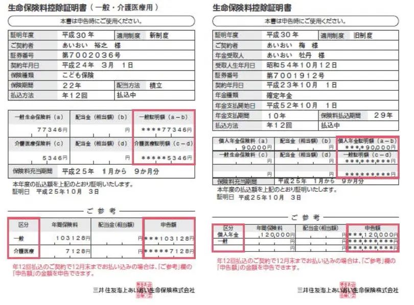 生命保険料控除証明書の見本