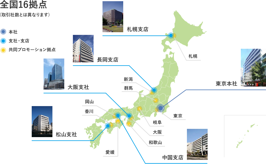 全国16拠点(取引社数とは異なります。)
